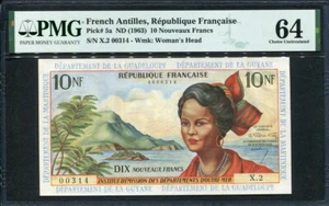 French Antilles 1964, 10 Francs, P8a, Signature 1, PMG 64 UNC - Picture 1 of 2