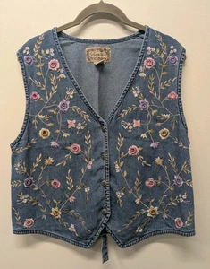 Vintage Tantrum Blues Vest Womens Large Blue Denim Embroidered Boho 90s - Picture 1 of 5
