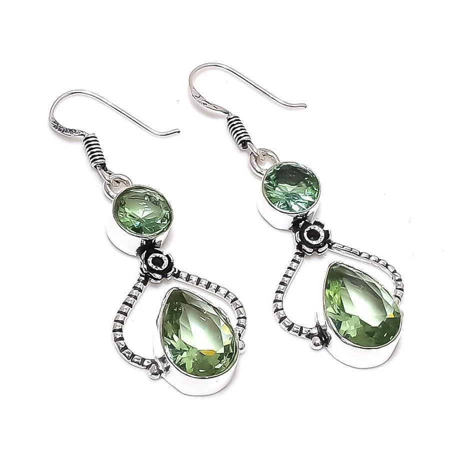 Green Amethyst Gemstone Handmade 925 Sterling Silver Jewelry Earring Size 2'' - Image 1 of 1
