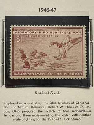 RW-13 Mint N.H Redhead Duck Federal State Duck Stamp  FREE SHIPPING￼ - Image 1 of 3