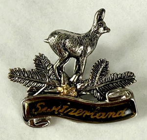 Vintage Switzerland Banner Souvenir Pin Broach Chamois and Edelweiss Alpine - Picture 1 of 8