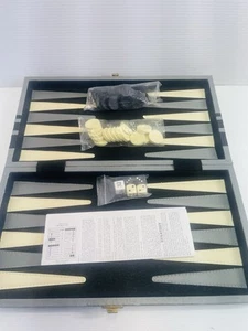 Vintage Backgammon Classic Board Game Set Grey Faux Leather Case VGC with Rules - Picture 1 of 9