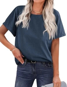 Chigant Women's Linen Shirts Short Sleeve Cotton Blouses Casual Loose XXL Blue - Picture 1 of 7