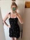 Floral Black & Pink Strappy Frill Dress With Tie Straps Size 8