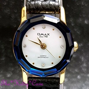 OMAX 8N8356 Delgado Chapado Oro Azul Facetas Vidrio Seiko Movimiento Cuero Reloj - Imagen 1 de 12
