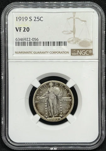 1919-S Standing Liberty Silver Quarter NGC VF 20 Key Date 25c Cover