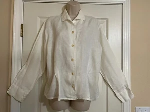 FLAX Linen White Long Sleeve Pleated Waist Button Front Cuff Blouse Top Medium - Picture 1 of 12