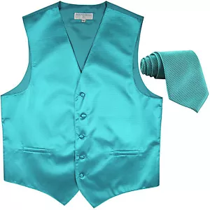 New mens tuxedo vest waistcoat + neck tie horizontal stripes prom turquoise blue - Picture 1 of 3