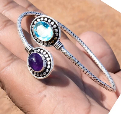 Blue Topaz & Amethyst Gemstone 925 Sterling Silver Bangle Life Partner Gift Cuff - Image 1 of 4