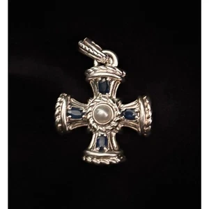 Judith Ripka Sterling Silver 925 Sapphire Pearl Maltese Cross Pendant - Picture 1 of 6