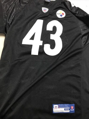 锐步匹兹堡钢人队特洛伊波拉马卢球衣尺寸 54 #43 缝制黑色 NFL 衬衫 — 第 1/4 张图片