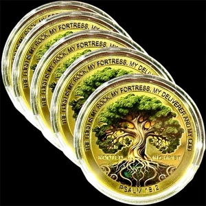 LOT X 5 TREE OF LIFE ROOTED IN CHRIST 24K GOLD LAYERED COLORIZED COINS CAPSULE - Picture 1 of 4
