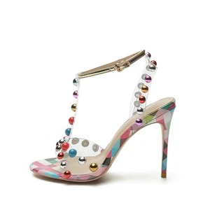 Römischer Stil Damen offene Zehenpartie T-Riemen Nieten Sandalen hoher Stilettoabsatz Fersenriemen - Bild 1 von 8