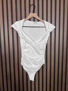 Free People Bodysuit Small Womens White Ruched Sexy Neck Ribbed Thong-Suit Top - Picture 1 of 8