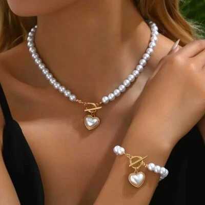 Reino Unido Mujeres Damas Amor Corazón Perla Joyería Collar Pulsera Conjunto Boda Regalo NUEVO Foto 1 de 4