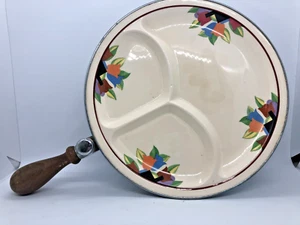 Piatto scaldabagno 3 scomparti anni '30 motivo floreale manico legno Farberware - Foto 1 di 8