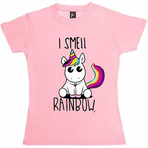 I Smell Rainbow süßes Kawaii Einhorn & Regenbogenschwanz Damen Boyfriend Fit T-Shirt - Bild 1 von 12