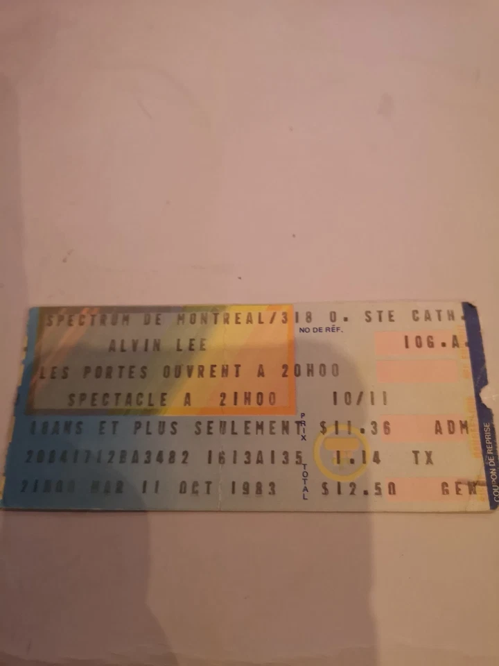 ALVIN LEE TICKET STUB MONTREAL SPECTRUM OCT. 11 1983 EXTREMELY RARE! - Image 1 of 4