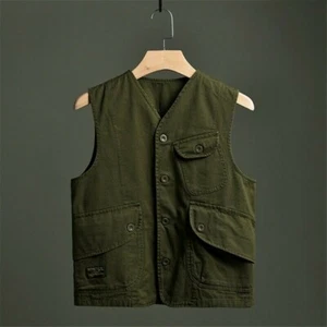 Men Waistcoat Gilet Cargo Vest Pocket Sleeveless Jacket Military Vintage Top - Picture 1 of 12