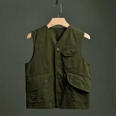 Men Waistcoat Gilet Cargo Vest Pocket Sleeveless Jacket Military Vintage Top - Image 1 of 4