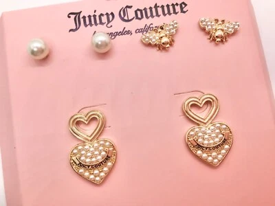 New Juicy Couture Faux Pearl Heart Honey Bee Stud Earrings Set 3 - Image 1 of 4