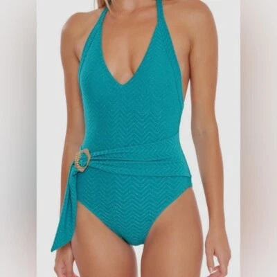 Traje de baño Trina Turk azul de una pieza con patrón Chevron brillante talla 6 usado en excelente estado Foto 1 de 4