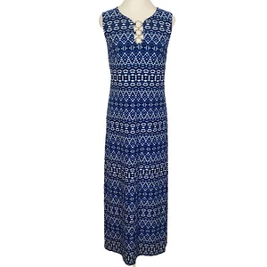 ELLEN WEAVER | NWT Blue White Abstract Sleeveless Stretch Maxi Summer Dress Sz S - Picture 1 of 12