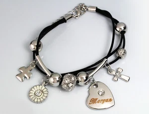 Bracciale in pelle con ciondolo oro bianco nome MORGAN compleanno regali natale per lei - Foto 1 di 7