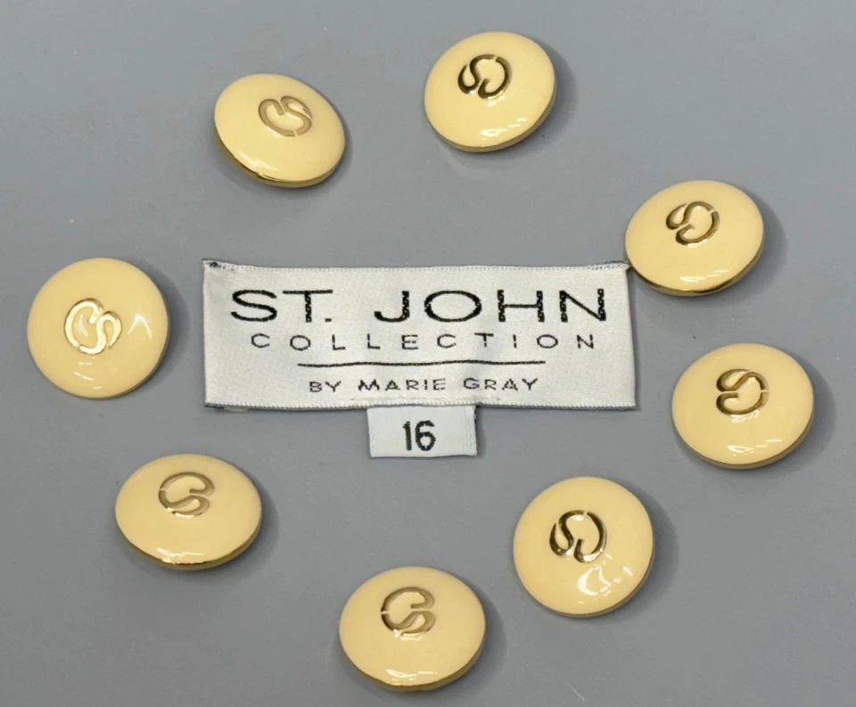 ST JOHN By Marie Gray Knits Cream Enamel & Gold Logo Replacement Buttons  8 Pcs - Image 1 of 4
