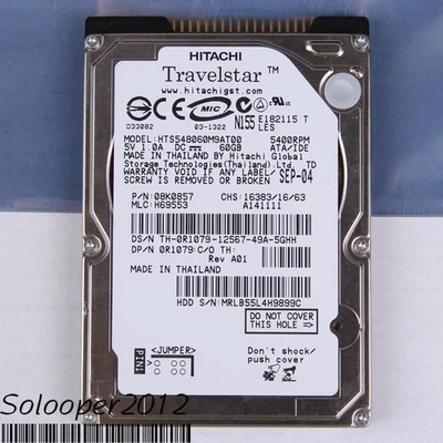 Free ship Hitachi 60 GB HDD 2.5" 8MB 5400RPM HTS548060M9AT00 IDE Hard Disk Drive - Image 1 of 2