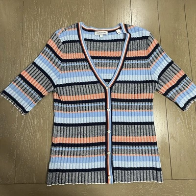 Veronica 胡须开衫女式大号蓝色橙色海军蓝白色条纹罗纹针织 — 第 1/4 张图片