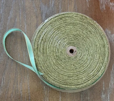 Cinta de satén de colección 3/8" borde dorado verde mar doble cara 100 % poliéster 90 yardas Foto 1 de 4