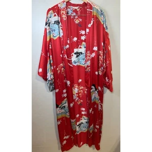 Ichiban Silk Kimono Robe Women’s Red Floral Lined Elegant Loungewear - Picture 1 of 4
