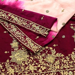 Vintage schwerer pfirsichfarbener & weinroter Dupatta reiner Satin Seide handbestickter Schleier Zari - Bild 1 von 20