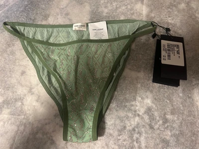 YSL Laurent Monograma Transparente Ropa Interior Bikini L en Verde con Logo de Cristal Rosa Foto 1 de 2