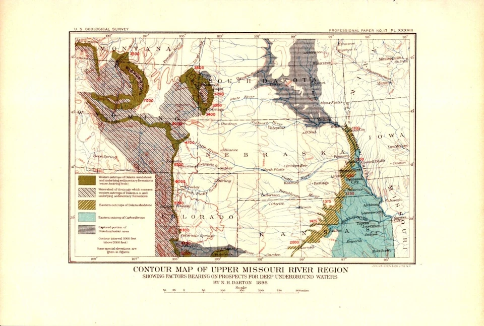 UPPER MISSOURI RIVER, WY, NE, CO, KS, WATER Antique authentic map 1903 - Image 1 of 1