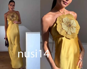 ZARA NEW WOMAN LONG SATIN EFFECT DRESS WITH 3D FLOWER OLIVE GREEN 7521/901/515 - Picture 1 of 7