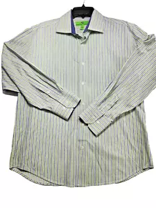 Bristol & Bull Long Sleeve Button Up Shirt Green Blue Stripe Mens Size 16.5 33 - Picture 1 of 11