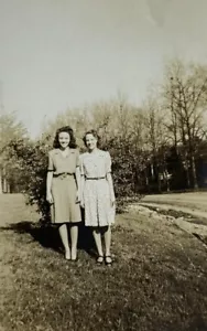 Two Pretty Women In Dress Standing By Bush B&W Photograph 3.25 x 5 - Picture 1 of 3