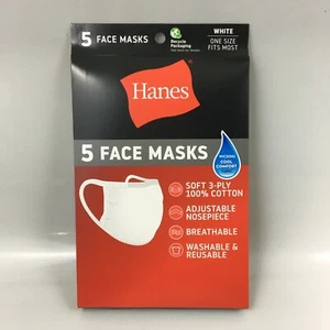 Hanes Paquete de 5 Mascarillas Faciales - Algodón Blanco Cubierta Reutilizable Mascarilla Paño NUEVO - Imagen 1 de 2