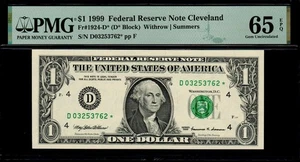 1999 $1 CLEVELAND STAR NOTE PMG 65 EPQ 2nd Printing 250K Print Run Fr 1924-D* - Picture 1 of 2
