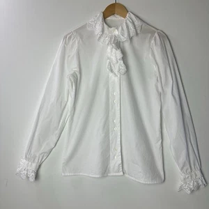 Vtg White Blouse Top Cotton Lace Collar Ruffle Victorian Cottage Prairie 80s M - Picture 1 of 18
