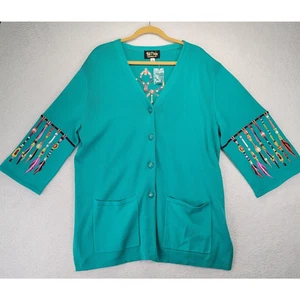 Bob Mackie Cardigan Maglione Donna 1X Verde Ricamato Acchiappasogni Bottone XL - Foto 1 di 11