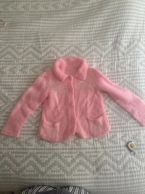 Cárdigan Suéter Vintage Tejido a Mano 12X16" Rosa/Rayas Niñas Foto 1 de 4