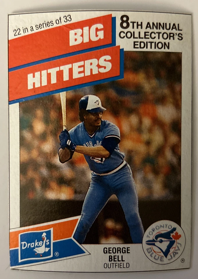 1988 Topps Drake’s Big Hitters George Bell Baseball Card #22 Blue Jays Creased - Image 1 of 2