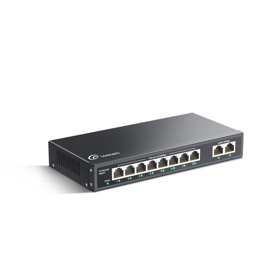 Loocam 8 Port 100mbps Unmanaged PoE Switch 96W 2 Uplink 802.3af/at Plug & Play - Image 1 of 4
