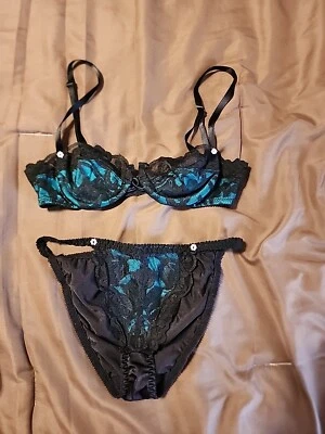 Lilly Of France By Delores Sz 32B Demi Bra Underwire &  Black/ Green Lace Panty - Image 1 of 4