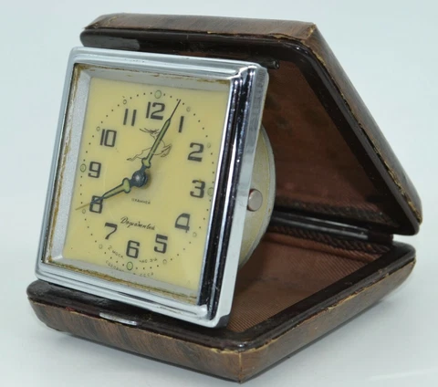 Vintage Travelling Clock Slava 1 Class Soviet USSR Mechanical Alarm Clock 1959 Cover