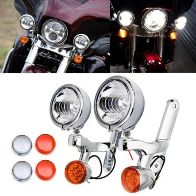 4.5"LED Auxiliary Passing Turn Signal Light Bracket Kits For Harley Road King US - Image 1 of 4