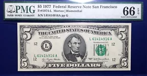 1977 $5 Federal Reserve Note Fr-1974-L San Francisco PMG Gem EPQ - Picture 1 of 2